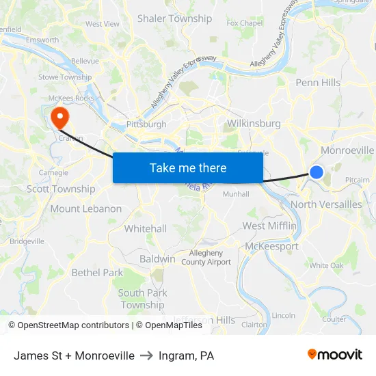 James St + Monroeville to Ingram, PA map