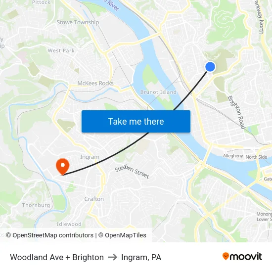 Woodland Ave + Brighton to Ingram, PA map