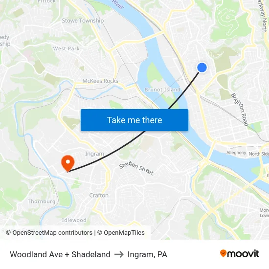 Woodland Ave + Shadeland to Ingram, PA map