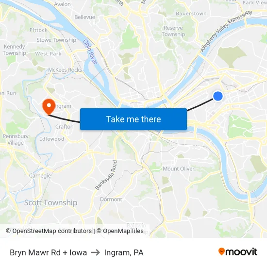 Bryn Mawr Rd + Iowa to Ingram, PA map