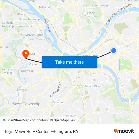 Bryn Mawr Rd + Center to Ingram, PA map