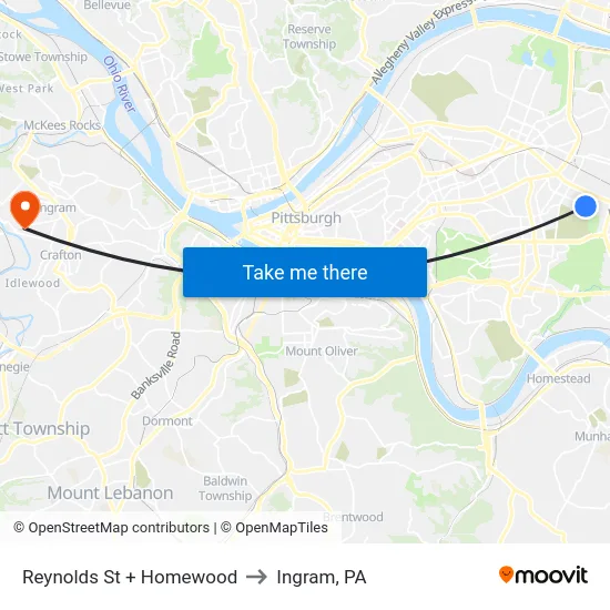 Reynolds St + Homewood to Ingram, PA map