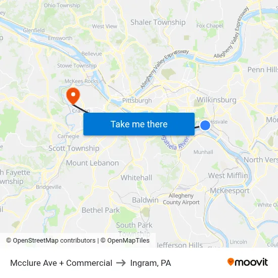 Mcclure Ave + Commercial to Ingram, PA map