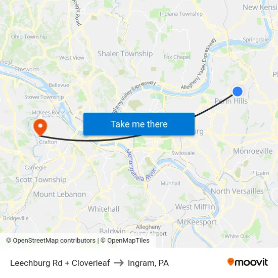 Leechburg Rd + Cloverleaf to Ingram, PA map
