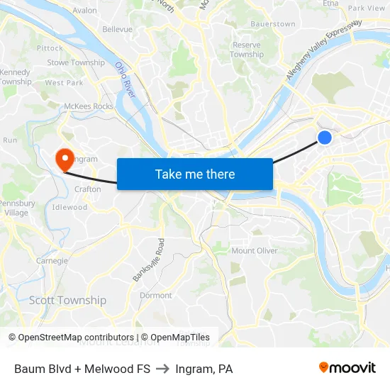 Baum Blvd + Melwood FS to Ingram, PA map