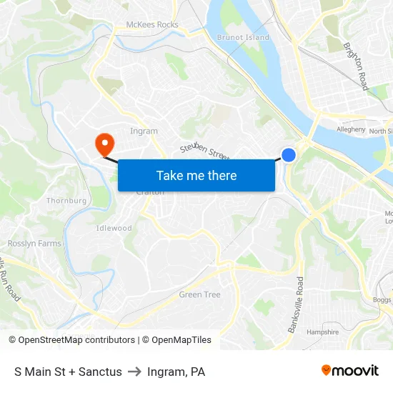 S Main St + Sanctus to Ingram, PA map
