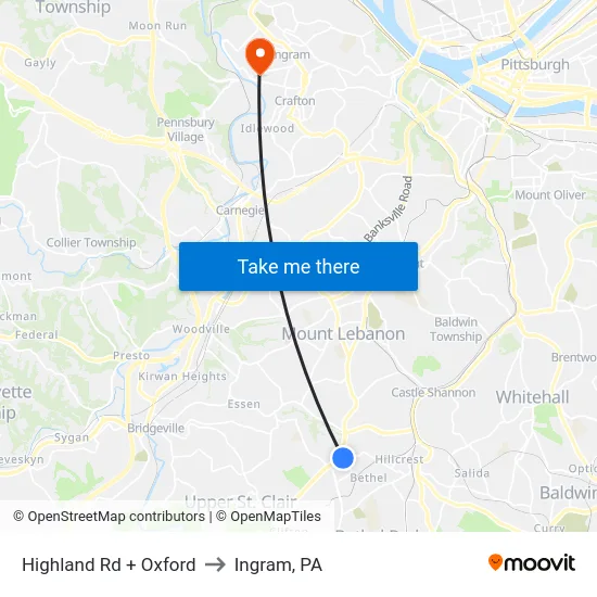 Highland Rd + Oxford to Ingram, PA map