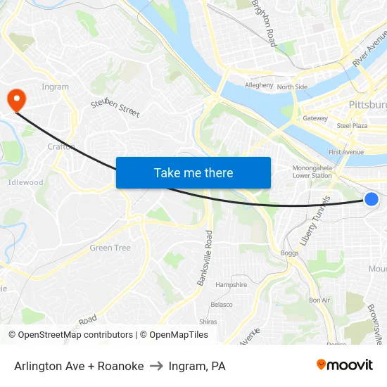 Arlington Ave + Roanoke to Ingram, PA map