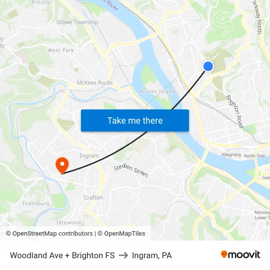 Woodland Ave + Brighton FS to Ingram, PA map