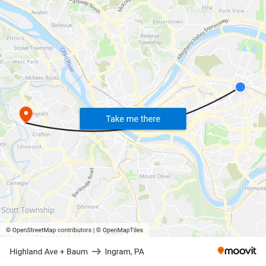 Highland Ave + Baum to Ingram, PA map
