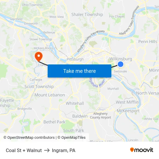 Coal St + Walnut to Ingram, PA map