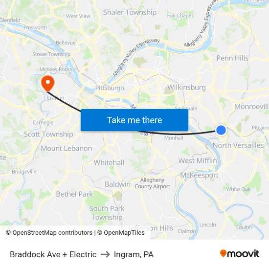 Braddock Ave + Electric to Ingram, PA map