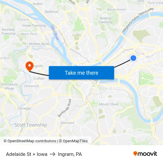Adelaide St + Iowa to Ingram, PA map