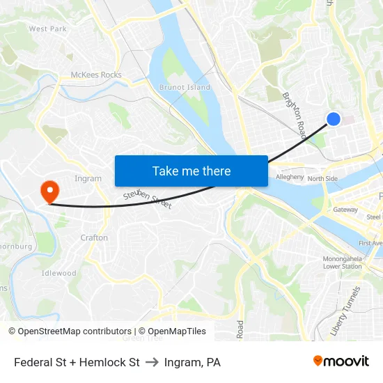 Federal St + Hemlock St to Ingram, PA map