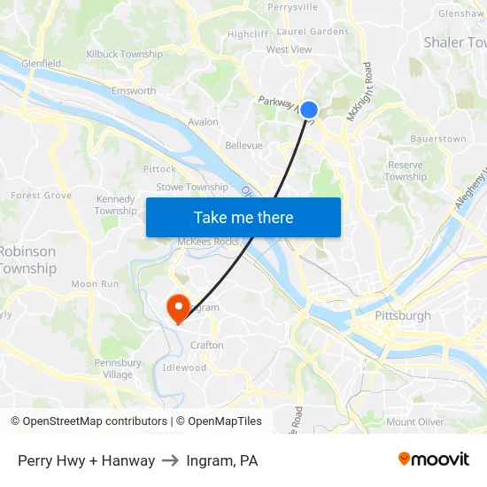 Perry Hwy + Hanway to Ingram, PA map