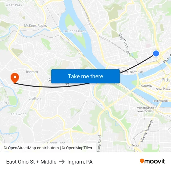 East Ohio St + Middle to Ingram, PA map