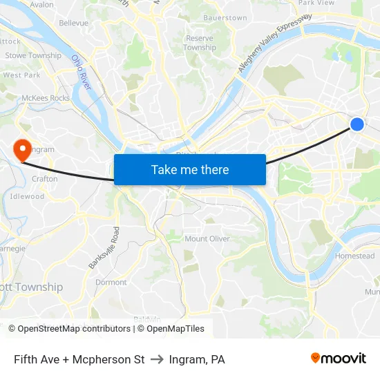 Fifth Ave + Mcpherson St to Ingram, PA map