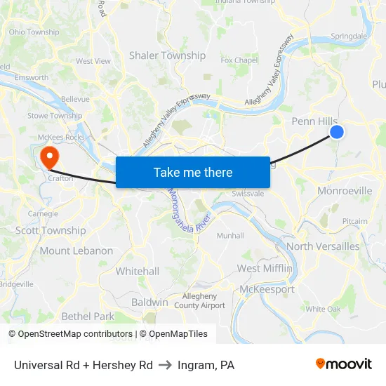 Universal Rd + Hershey Rd to Ingram, PA map