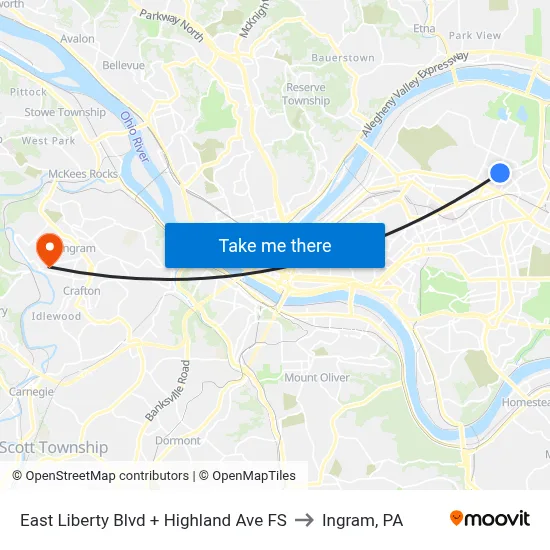East Liberty Blvd + Highland Ave FS to Ingram, PA map