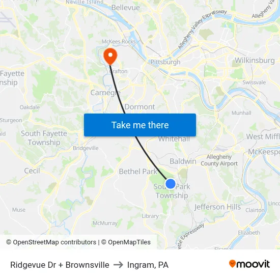 Ridgevue Dr + Brownsville to Ingram, PA map