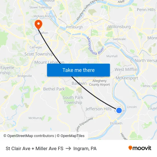 St Clair Ave + Miller Ave FS to Ingram, PA map
