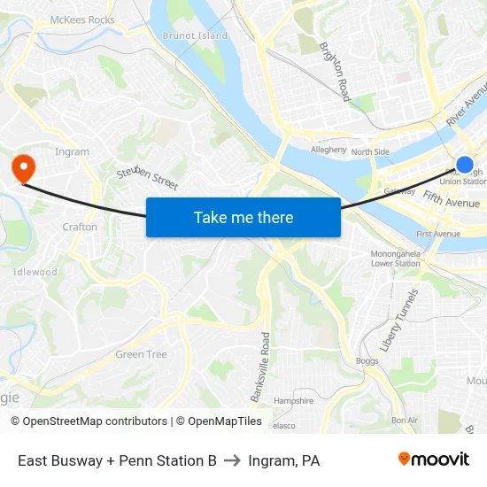 East Busway + Penn Station B to Ingram, PA map