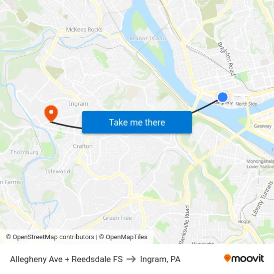 Allegheny Ave + Reedsdale FS to Ingram, PA map