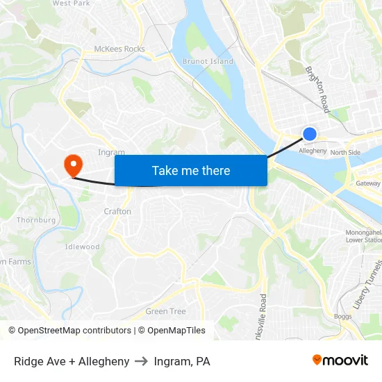 Ridge Ave + Allegheny to Ingram, PA map