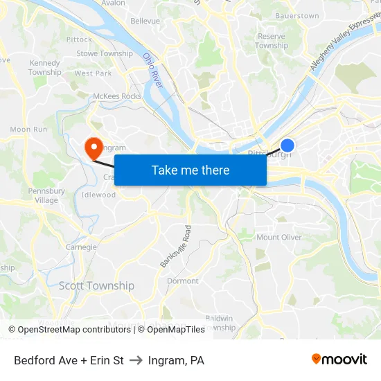 Bedford Ave + Erin St to Ingram, PA map