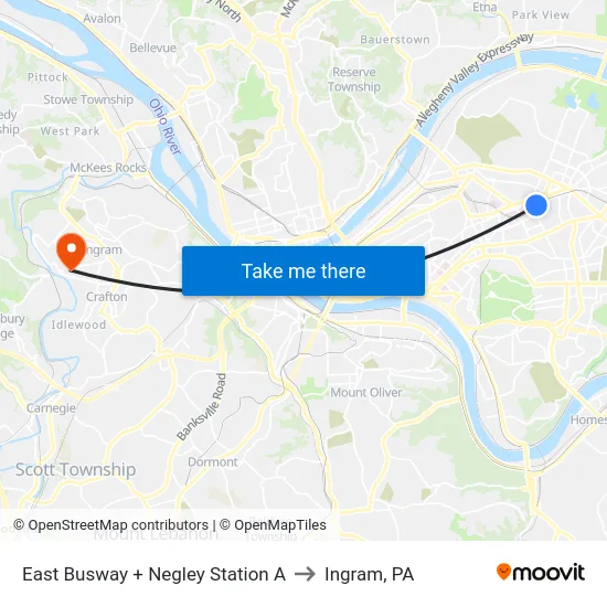 East Busway + Negley Station A to Ingram, PA map