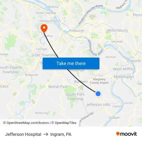 Jefferson Hospital to Ingram, PA map
