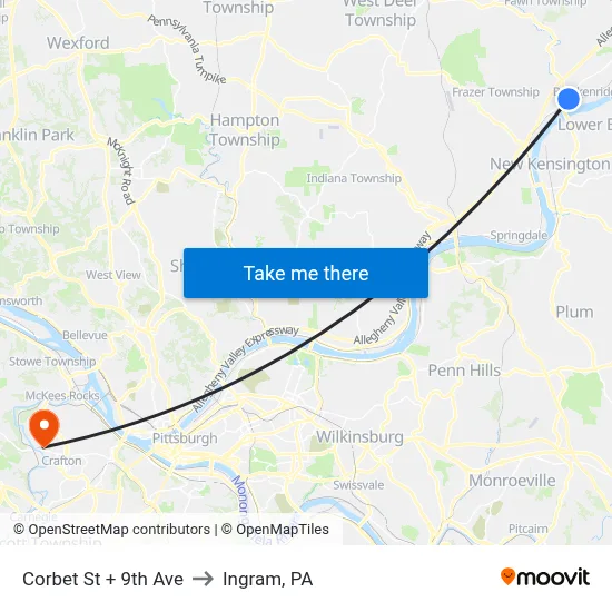 Corbet St + 9th Ave to Ingram, PA map