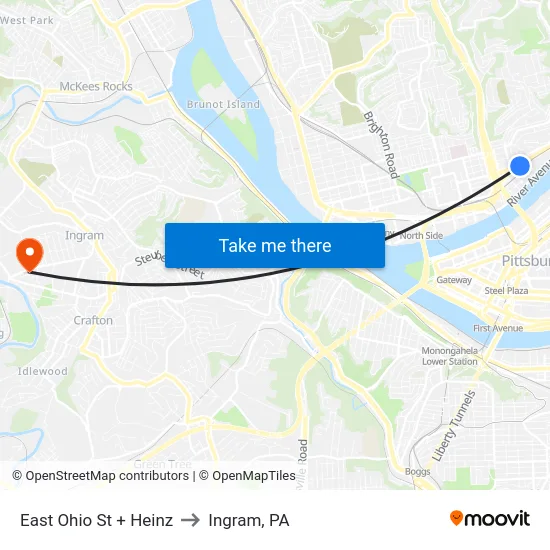 East Ohio St + Heinz to Ingram, PA map