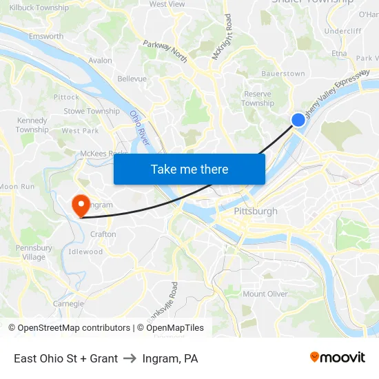 East Ohio St + Grant to Ingram, PA map