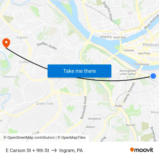 E Carson St + 9th St to Ingram, PA map