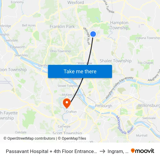 Passavant Hospital + 4th Floor Entrance Bldg T to Ingram, PA map