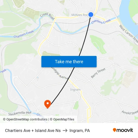 Chartiers Ave + Island Ave Ns to Ingram, PA map