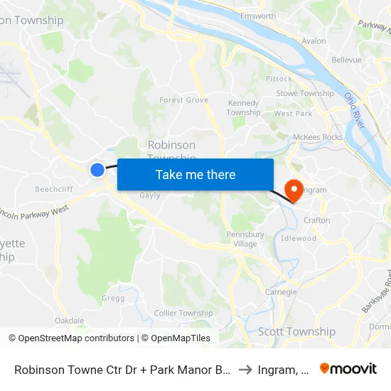 Robinson Towne Ctr Dr + Park Manor Blvd to Ingram, PA map