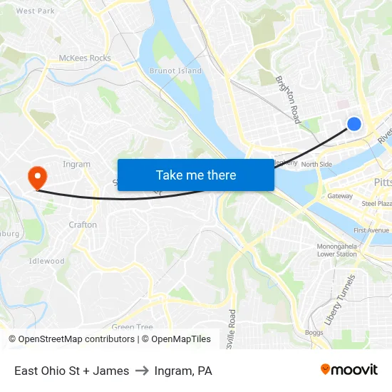 East Ohio St + James to Ingram, PA map