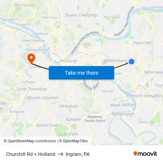 Churchill Rd + Holland to Ingram, PA map