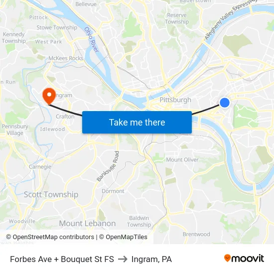Forbes Ave + Bouquet St FS to Ingram, PA map