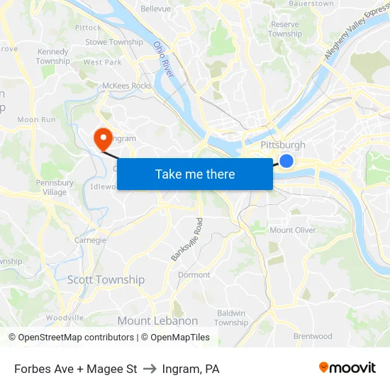 Forbes Ave + Magee St to Ingram, PA map