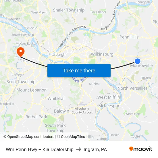 Wm Penn Hwy + Kia Dealership to Ingram, PA map