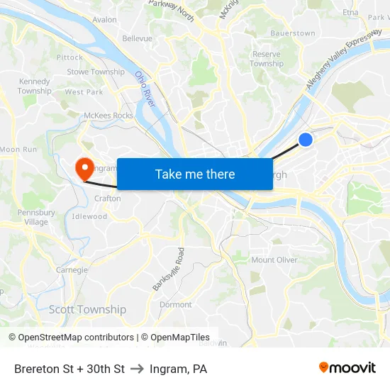 Brereton St + 30th St to Ingram, PA map