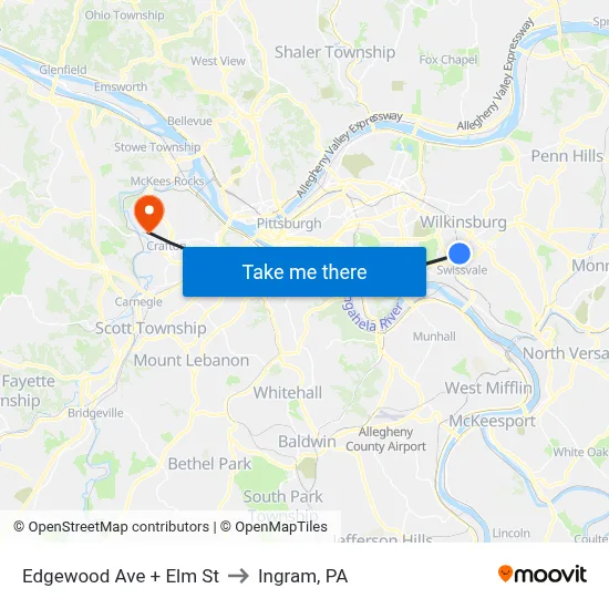 Edgewood Ave + Elm St to Ingram, PA map