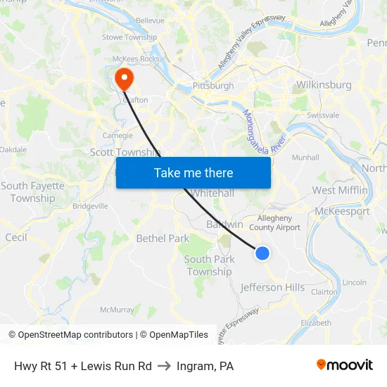 Hwy Rt 51 + Lewis Run Rd to Ingram, PA map