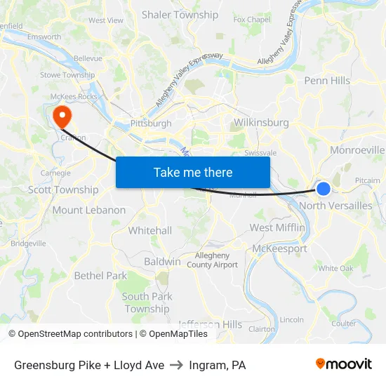 Greensburg Pike + Lloyd Ave to Ingram, PA map
