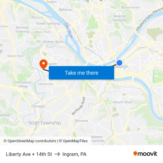 Liberty Ave + 14th St to Ingram, PA map