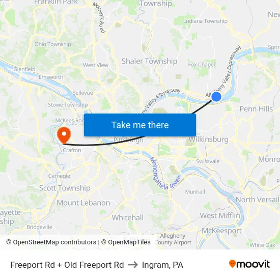 Freeport Rd + Old Freeport Rd to Ingram, PA map
