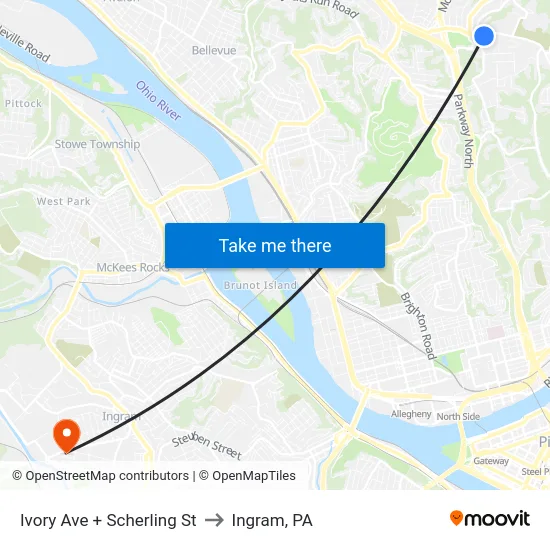 Ivory Ave + Scherling St to Ingram, PA map